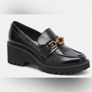 Dolce Vita Harlen Midnight Crinkle Patent Loafers and a gold-tone chain bit